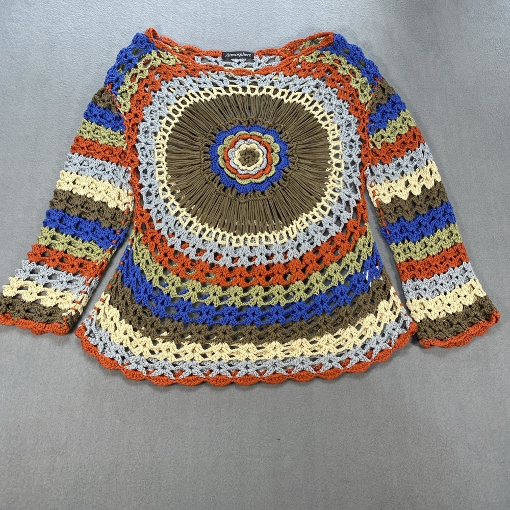Atmosphere Crochet Womens Sweater Small Long Sleeve Boho Hippie Indie Earthy